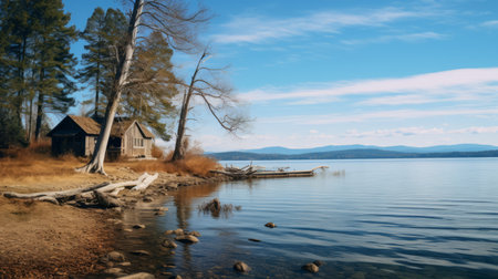 a small wooden cabin nestled on a serene lake, enveloped by a lush forest. this picturesque scene captures the essence of tranquil seascapes and the atmospheric beauty of new american color photography. the light sky-blue and amber hues create a soothing ambiance, while the dotted trees add a touch of whimsy. this 32k uhd image showcases the cabin's slumped-draped charm in stunning detail. ai generatedの素材