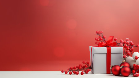 birch tree and cranberry bushes stand against a minimalist background in this 32k uhd image. a gift box with a red gift ribbon adds a pop of color to the light silver and red composition. the soft-focused realism captures the organic sculpting of nature. this uhd image is a commissioned piece. ai generatedの素材