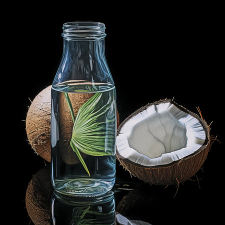 an oil painting on a black background featuring a coconut with leaves, executed in the hyperrealism and photorealism style. the painting showcases translucent water, capturing the essence of everyday life. the artist skillfully combines realistic watercolors with staged photography, resulting in a mesmerizing grocery art piece. the use of glass as a material adds depth and texture to the composition. ai generatedの素材