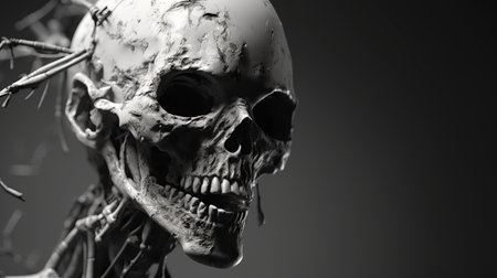 the photo depicts a hyper-realistic sci-fi scene with a skull surrounded by branches, casting dark shadows. the image is rendered in ultra hd, showcasing a dark black and white aesthetic. the use of octane render enhances the intricate details and textures. the composition evokes human emotions through its technological design, while the selective focus adds depth to the overall image. ai generatedの素材
