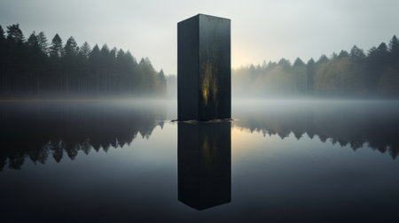 a stunning landscape photograph showcasing a reflective black monolith standing at the edge of a serene still water lake. the image captures a brooding atmosphere, reminiscent of national geographic's style. shot on a hasselblad h6d-400c, the photo exhibits a remarkable depth of field, luminous tones, soft detailed shadows, and an aerial sheen. ai generatedの素材