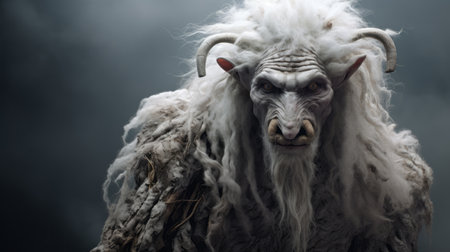a horse character with enormous ears and voluminous hair, captured in a demonic-style photograph. the image showcases layered fibers, portraying real-life grotesque characters reminiscent of frostpunk and miniature dioramas. the horse's strong facial expression adds to the eerie atmosphere. ai generatedの素材