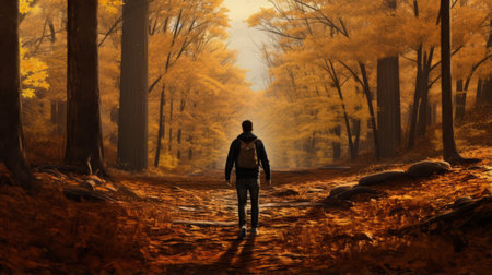 a man walks through a fallen forest, surrounded by the breathtaking view of isolated landscapes. the scene is captured in the style of realistic landscapes, with soft, tonal colors of dark orange and amber. this uhd image evokes the artistic influences of adrian donoghue and akihiko yoshida, creating a visually stunning and immersive experience. ai generatedの素材