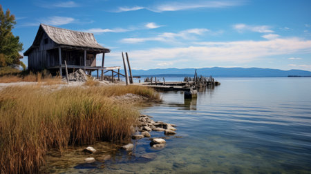 the dock of a small cabin at a lake, showcasing post-apocalyptic ruins and offering breathtaking seaside vistas. this national geographic photo captures the majestic and sweeping seascapes, with realistic blue skies and textural layering. the uhd image immerses viewers in the captivating beauty of the scene. ai generatedの素材