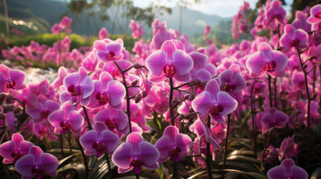 an orchid landscape wallpaper in the style of zeiss batis 18mm f28, featuring intense color saturation with light magenta and light bronze tones. this traditional vietnamese scene has been enhanced through post-processing techniques, resulting in an accurate and detailed depiction. the image showcases a perfect balance of transparency and opacity. ai generatedの素材