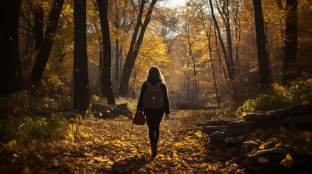 a woman walks into a fall forest, carrying a backpack. the portrait captures the essence of manapunk, with its light orange and dark gold tones. this site-specific photograph by daniel garber showcases nonrepresentational, emotive landscapes. creative commons attribution applies. ai generatedの素材
