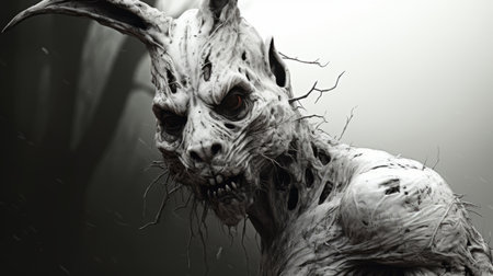 a bunny, depicted in the style of zbrush, stands over a dark forest surrounded by trees. the artwork showcases a strong facial expression and a sense of decadent decay. this close-up concept art is created by emil melmoth and john larriva. ai generatedの素材