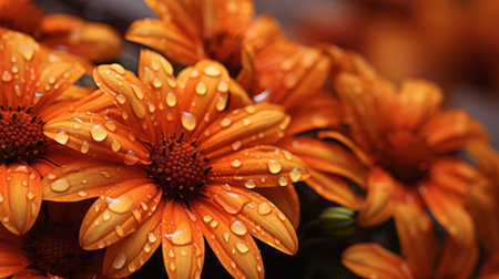 yellow flowers, drenched in rain, create a captivating image with a monochromatic color scheme. the dark orange and light orange hues blend seamlessly, enhanced by the laowa 100mm f/2.8 2x ultra macro apo lens. this uhd image, captured by marguerite blasingame and edited by greg olsen, features a stunning color splash effect. ai generatedの素材