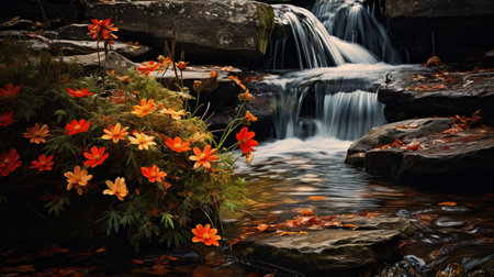 a stunning stock photo captures the beauty of fall with vibrant flowers and a cascading waterfall. the image is enhanced with a dark orange and light black color scheme, creating a captivating visual. shot with a zeiss batis 18mm f2.8 lens on a pentax 645n camera, this photo showcases pictorial harmony. perfect for large canvas sizes, it has undergone expert post-processing to bring out itsの素材