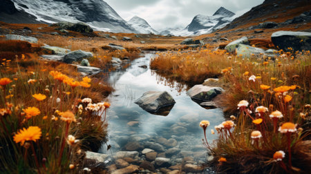 the photo captures a mesmerizing waterfall flowing through a vibrant autumn flower stream, set against a stunning polar landscape. the mountain wallpaper creates a moody and atmospheric backdrop, while the silver and amber tones add to the overall ambiance. the image showcases the beauty of the environment, with serene pastoral scenes and a captivating blend of turquoise and orange hues. the use of schlieren photographyの素材