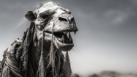 the horde: a captivating photograph capturing the essence of orientalist influences. this hyperrealistic wildlife portrait showcases the intricate details of the subject. shot with a tokina at-x 11-16mm f/2.8 pro dx ii lens, the image beautifully portrays the creased, crinkled, and wrinkled textures. the monochrome canvas adds depth, while the exaggerated caricatures create a mesmerizing desertwave effect. ai generatedの素材
