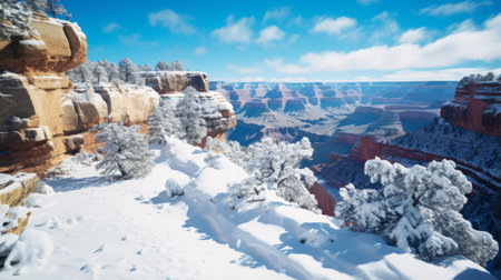 a hyperrealistic photograph of a snowy canyon captured with a single-lens reflex (slr) camera, kodak film, and a 50mm lens. the composition showcases a chilly, pale blue sky and a delicate layer of snow on the ground. the muted tones and vintage texture of the kodak film add an artistic quality to the image, while the 50mm lens highlights the intricate details of the sunの素材