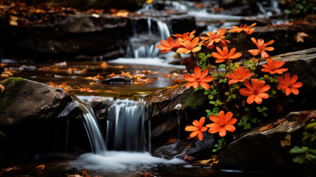 a fine art photograph by dariusz zawadzki featuring a waterfall and flowing stream adorned with vibrant orange flowers. the image showcases a shallow depth of field, with dark orange and black tones creating a sense of serenity and harmony. the colors are vibrant and saturated, reminiscent of the artistic style of cory loftis. ai generatedの素材