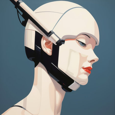 a young woman wearing a grey mask on her head and sporting a robotic arm. this artwork combines elements of patrick nagel's style, futuristic realism, and john berkey's painted illustrations. the piece showcases realistic hyper-detail and features whiplash curves, emphasizing human anatomy. ai generatedの素材