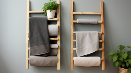 wooden ladder with towels on a grey tile floor, featuring a stylish combination of dark gray and dark beige. this industrial and product design showcases the use of luxurious fabrics in light gray and light azure. the towels are neatly piled and stacked, adding a touch of elegance to the scene. the overall aesthetic is enhanced by the contrasting colors of light green and darkの素材