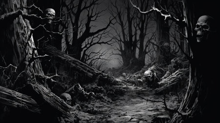 a dark, black and white sketch featuring ghosts in a hyperrealistic landscape style. the sketch includes skull motifs and atmospheric woodland imagery, with realistic and hyper-detailed renderings. the artwork has a noir comic art feel and incorporates elements of referential painting. the use of rtx technology enhances the visual effects of the sketch. ai generatedの素材