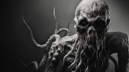 a dramatic black and white portrait captured by peter coulson, featuring a hyperrealistic marine life in a hellish background. this ethereum-themed b-movie 3d graphics engine creates a 4d 3d experience, reminiscent of hp lovecraft's style. the composition is made of vines, adding an intriguing touch to this mesmerizing macro photography. ai generatedの素材