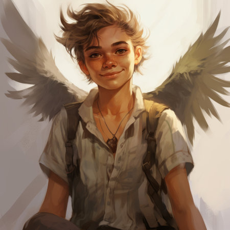 a boy with wings, depicted in a realistic hyper-detailed portrait style, sits on the ground. the artwork showcases the beauty of the commissioned piece, with a mix of light bronze and dark amber tones. the quirky cartoonish characters add a unique touch to the overall composition. rtx on enhances the visual appeal of this stunning artwork. ai generatedの素材