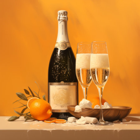 a bottle of champagne is showcased alongside an orange in this meticulously crafted photorealistic still life. the composition exudes a romantic illustration reminiscent of guido borelli da caluso's style, with painterly elements. the use of cheese as a material adds a unique touch to this artistic creation, reminiscent of the works of serge marshennikov. ai generatedの素材