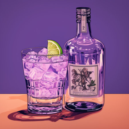 a photo of a purple gin cocktail with lemon juice, showcasing the monochromatic realism style of highly detailed illustrations by dino valls. the image features the use of screen tones and traditional mexican influences, creating an editorial illustration with a light magenta and light indigo color palette. ai generatedの素材