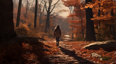 a woman gracefully strolls through a picturesque autumn forest, surrounded by vibrant hues of dark orange and light bronze. this photo captures the beauty of nature in a photo-realistic style, showcasing the enchanting landscapes of the season. with its uhd quality, this image is perfect for lovers of manapunk and nature-inspired imagery, offering a romantic and captivating view of the natural world. ai generatedの素材