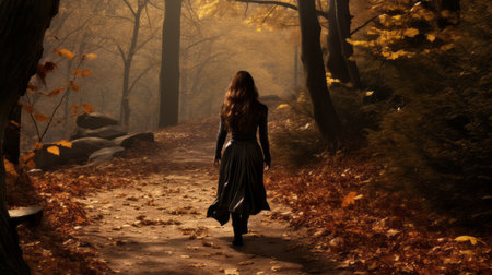 a girl gracefully strolls along a path adorned with vibrant autumn foliage, evoking a sense of medieval fantasy. the scene exudes a dark romantic ambiance, with gentle lyricism and hints of gothic references. the rich hues of dark brown and amber add to the enchanting atmosphere. captured with the sigma 85mm f/1.4 dg hsm art lens, this image transports viewers to epic fantasy realms. aiの素材