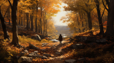 man walking through autumn woods in the style of andreas rocha, reminiscent of richly detailed genre paintings from the hudson river school. this concept art captures the golden light of the season with realistic hyper-detail, evoking the artistic style of kinuko y. craft. ai generatedの素材