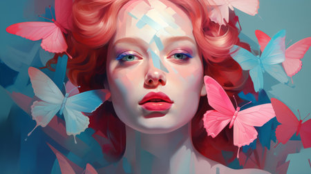 a russian woman is depicted in an artistic design adorned with vibrant butterflies. the portrait showcases a captivating blend of light crimson and light aquamarine, creating a hyper-realistic and surrealistic atmosphere. the bold palette and energetic illustrations bring out the pensive yet bold shadows, resulting in hyper-detailed artwork. ai generatedの素材