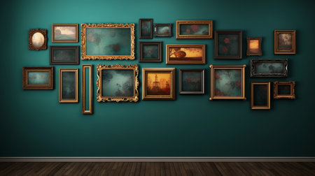 vintage frames hanging on a green wall, in the style of photorealistic surrealism. the frames are dark turquoise and dark gold, adding an elegant touch to the space. the high-resolution image showcases the intricate details of the victorian genre paintings within the frames. the color photography pioneer's realistic lighting and lively brushwork bring the artwork to life. ai generatedの素材