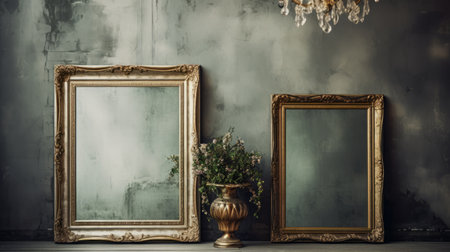 antique mirrors adorn an old wall in this stock photograph, reminiscent of classic still life compositions. the mirrors feature a combination of light gray and dark gold tones, adding a touch of elegance to the scene. surrounding the mirrors are floral still-lifes, evoking a classicist portraiture style. the overall ambiance is romantic, with soft, atmospheric lighting casting a gentle glow on the dark green andの素材