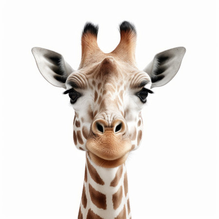 a giraffe with a distinctive nose is captured in this photo, looking directly at the camera against a white background. the image is reminiscent of the expressive characters seen in the style of john wilhelm and mandy disher. with high detail and visual puns, it evokes the artistic influences of patricia piccinini. ai generatedの素材