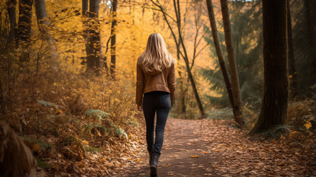 a woman in blue jeans walks through the vibrant autumn foliage, creating a captivating scene with dark yellow and dark beige tones. this atmospheric woodland imagery, captured with the tokina at-x 11-16mm f/2.8 pro dx ii lens, reflects the influence of the dusseldorf school of photography. the nonrepresentational composition features hints of dark pink and orange, resulting in a matte photo. ai generatedの素材