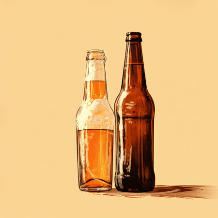 beer bottle illustration isolated on a beige background. the artwork is done in a painterly realism style, showcasing the beautiful hues of light amber and amber. the split toning technique adds depth to the image. this still life study explores the contrast between raw and finished elements. the illustration is inspired by the vintage agfa clack camera. ai generatedの素材