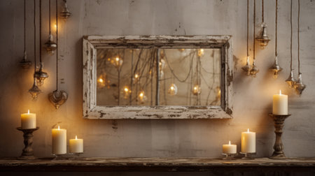 candles hanging from a wooden beam and frame create a captivating backlit scene. the distressed and weathered surfaces add to the charm, reminiscent of 20th-century scandinavian style. this reimagined display by industrial light and magic evokes a sense of romanticized nostalgia. worthington whittredge would surely appreciate the artistic ambiance. ai generatedの素材