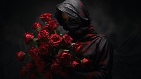 the image features a personified letter "i" surrounded by a vibrant bouquet of roses. the "i" holds a sack in its hand, creating a visually striking composition. inspired by the artistic styles of michal karcz, ingrid baars, and caravaggism, the image exudes a dramatic and somber atmosphere reminiscent of religious works. it also incorporates elements of halloween and the unique artistic approach of flora borsi.の素材