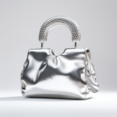 a silver handbag is showcased on a pristine white background, creating a striking contrast. this high-definition image, created using vray tracing and zbrush techniques, features bold curves and vibrant use of light and shadow. the handbag, made of luxurious leatherhide, exudes a lively and vibrant appeal. ai generatedの素材