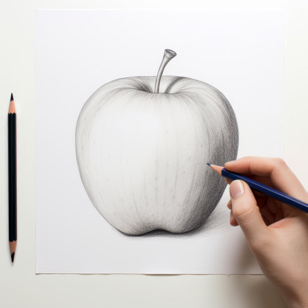 a pencil drawing of an apple doodle is showcased in this photo art tutorial. the style of the drawing is inspired by minimalist illustrators, incorporating the trompe-l'oeil technique. the detailed character illustrations feature a combination of light white and dark gray shades, resulting in a hyper-realistic representation. the hand-drawn elements and exaggerated proportions add depth and visual interest to the artwork. ai generatedの素材