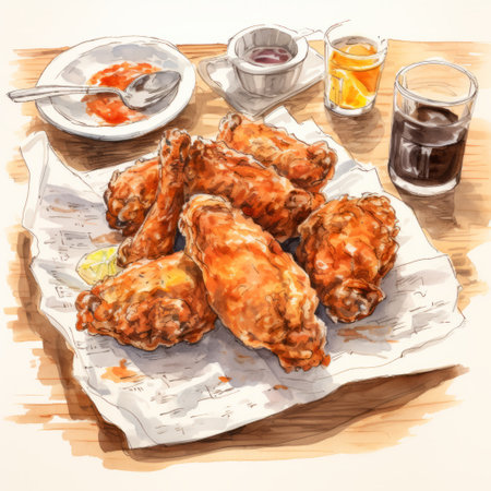 a watercolor hand-drawn chicken fried steak is showcased on a piece of parchment paper. this dynamic still life piece features dark amber and orange tones, capturing the lively group composition. the isometric perspective and digital painting technique bring the monochromatic color scheme to life, offering a captivating birds-eye-view of the artwork. ai generatedの素材