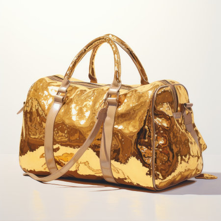 the gold duffle bag, a vector design by the duffel store, showcases a stunning blend of influences from mario testino, vray tracing, irving penn, sarah lucas, and mirror aesthetics. with its intense texture and captivating backlight, this bag exudes a unique and eye-catching appeal. ai generatedの素材