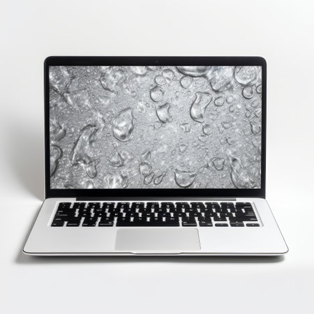 a black mac mini sits on a white background in this wallpaper featuring water drops. the style of alastair magnaldo is evident in the busy landscapes and realistic hyper-detailed rendering. the webcam photography captures the essence of govaert flinck's synthetism-inspired art. download this free wallpaper for a stunning visual experience. ai generatedの素材