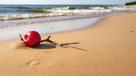 a red apple rests gracefully on the sandy beach, capturing the essence of light-filled seascapes. the photograph showcases the topcor 58mm f14 lens, creating a mesmerizing blend of dark beige and red tones. with a contemporary candy-coated aesthetic, the image exudes a sense of quantum wavetracing and exacting precision. ai generatedの素材