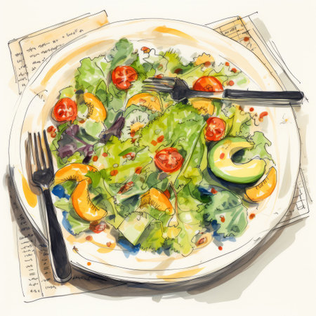 a watercolor salad sketch is showcased in this photo, perfect for a restaurant's dining room. the sketch is done in the style of gene luen yang, known for his high detailed illustrations. it captures the energy-filled illustrations reminiscent of mark brooks and the meticulous still lifes seen in magali villeneuve's editorial illustrations. ai generatedの素材