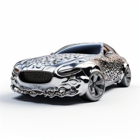 the futuristic tessera merzao electric car is showcased in a stunning silver finish. this unique vehicle embodies elements of animalier, cartoon abstraction, and texture experimentation. its ornate complexity is enhanced by the spray-painted rubber body, adorned with skull motifs. ai generatedの素材