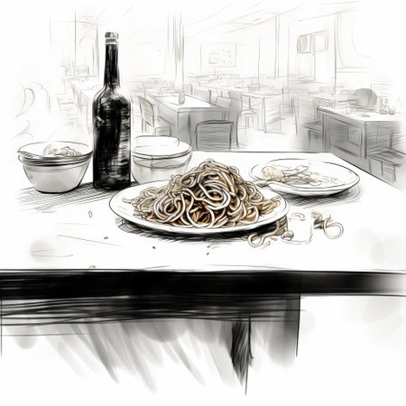 a drawing featuring plates and bowls in an aggressive digital illustration style. the artwork showcases tangled nests, gritty reportage, italian landscapes, lively tavern scenes, and a muted tonality. the composition exudes a unique aesthetic known as "snailcore.", ai generatedの素材