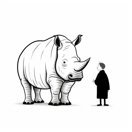 a black and white drawing of a man standing next to a white rhino. this artwork combines elements of conceptual minimalism, children's book illustrations, and the style of artist andrew hem. it also has influences from comic strips, scientific illustrations, and features bold chromaticity. the hyper-realistic animal illustration adds depth to the composition. ai generatedの素材