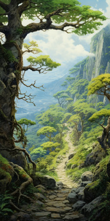 an original artwork depicting a path through a forest, inspired by mountainous vistas. this high-definition image showcases the angura kei style, with a focus on the environment and intricately rendered details. the painting captures the twisted branches and richly detailed genre of this genre. ai generatedの素材