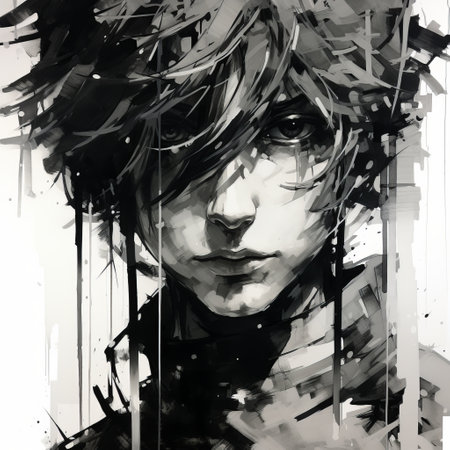 a black and white drawing of a girl, created with drippy paint splatters, showcases charming anime characters. the artwork features a vibrant use of light and shadow, highly detailed figures, and painterly brushwork. the girl's strong facial expression adds depth to the piece, while the untrained style adds a unique touch. ai generatedの素材