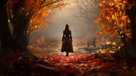 a girl walks through a forest and discovers a beautiful orange tree, surrounded by a dark gold and crimson color palette. this scene captures the essence of a romanticized country life, with its victorian-inspired illustrations by michael komarck. the image is presented in stunning 32k uhd resolution, enhanced by rtx technology, against a smokey background. ai generatedの素材