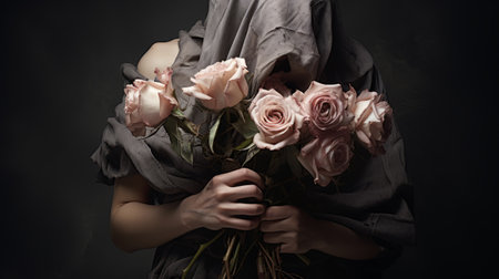 n is depicted in this image holding a sack in his hand, surrounded by a bunch of roses. the style of the artwork is inspired by renowned artists such as michal karcz, ingrid baars, and flora borsi. the image combines elements of meticulous photorealistic still lifes, caravaggism, and dramatic, somber religious works, creating a unique and captivating composition with a touch of halloween aesthetic. aiの素材