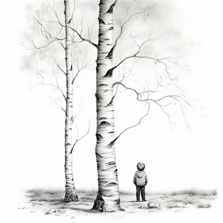 a black and white drawing of two birch trees, created in the whimsical style of a children's book illustrator. this realistic genre scene captures a sense of quiet contemplation with its hyperrealistic details. the intricate character illustrations and the use of watercolor add depth to this historical illustration. ai generatedの素材